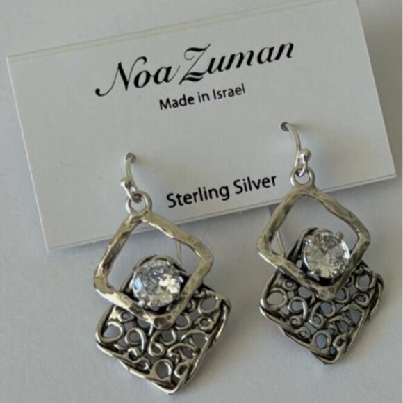Noa Zuman Sterling Silver 925 Earrings Filigree w CZ Stone Israel 1.5in long - Picture 6 of 15